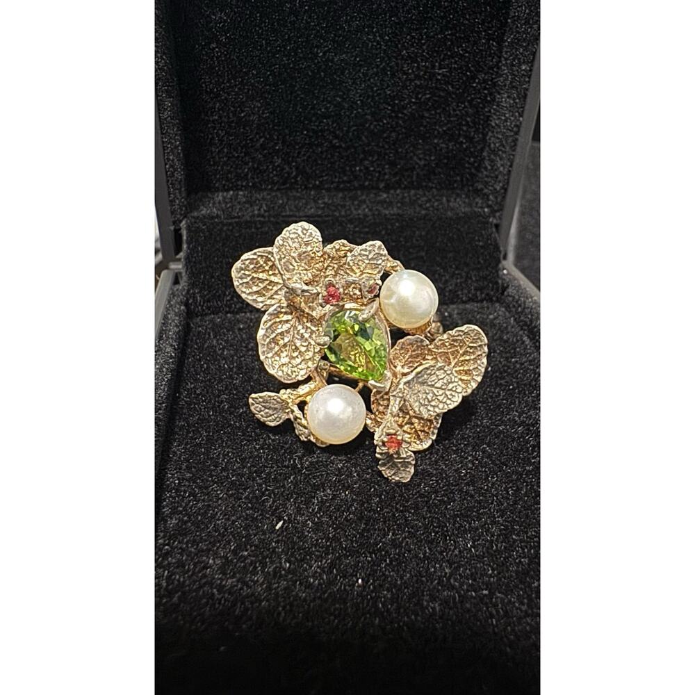 Size 8 Sterling Silver Forest Ring With Period, Pearl And Sapphire